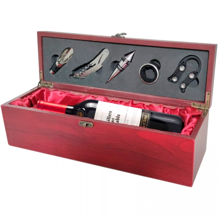 Estuche de madera con 5 accesorios de metal y vino Casillero