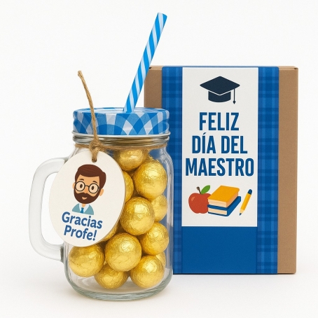 Frasco colores variados con tapa y cañita de 450ml con dulces - Día del maestro