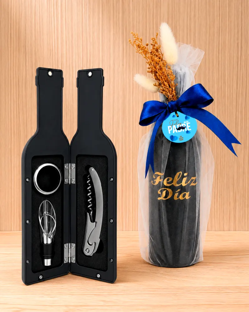 Botella con accesorios para vino