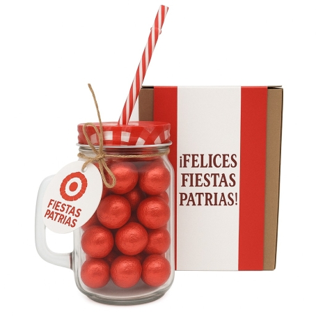 Frasco con bolita de chocolates con diseño de Fiestas Patrias